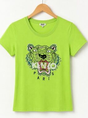 KENZO Paris Neon Green Tiger Logo Graphic Tee T-Shirt Cotton Size M fit XS/S